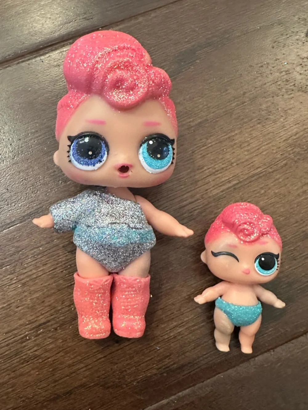 EUC L.O.L. Surprise! Pink Glitter Hair two Dolls with Aqua & Silver Outfits